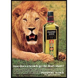 1974 Passport Scotch Lion's Share Vintage Print Ad Lion Zoo Wild Animal Wall Art